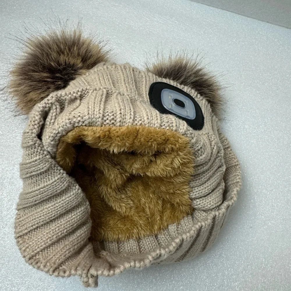 Kids’ Beanie Pom Pom Night Light Headlamp Tan Natural Color